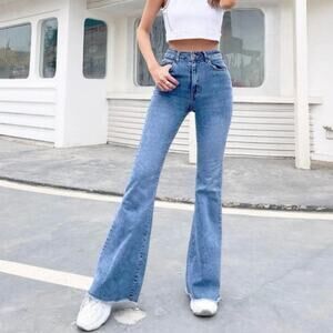 SHEIN High Rise Flare Jeans Blue Wide Leg Frayed Hem Retro Y2K Size Small 4